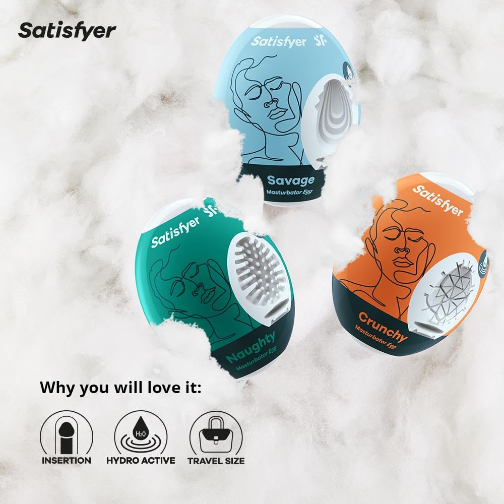 Satisfyer Masturbator Egg 3-Pack | Naughty | Savage | Crunchy | 3 Sensual Structures | Masturbator | Penis Stimulation | Extremely Stretchable | One- Time-Use - Image 4